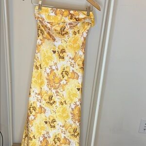 Floral Yellow and Brown Strapless Dress